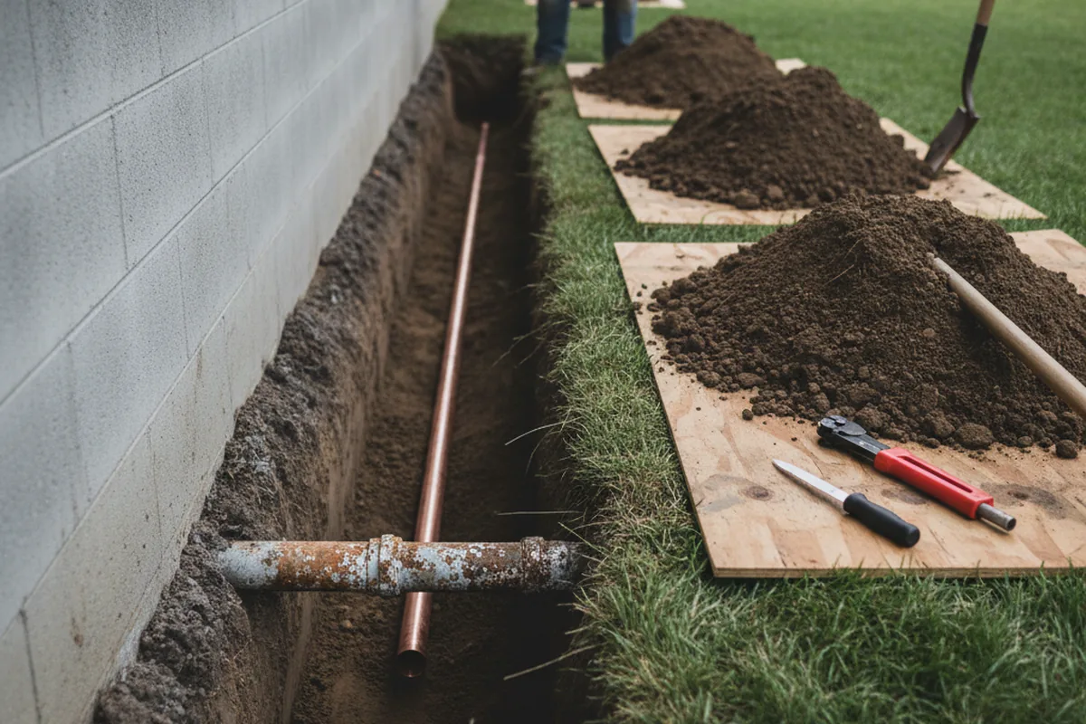 Excavated water line trench during Water Softener Installation in Barnhart